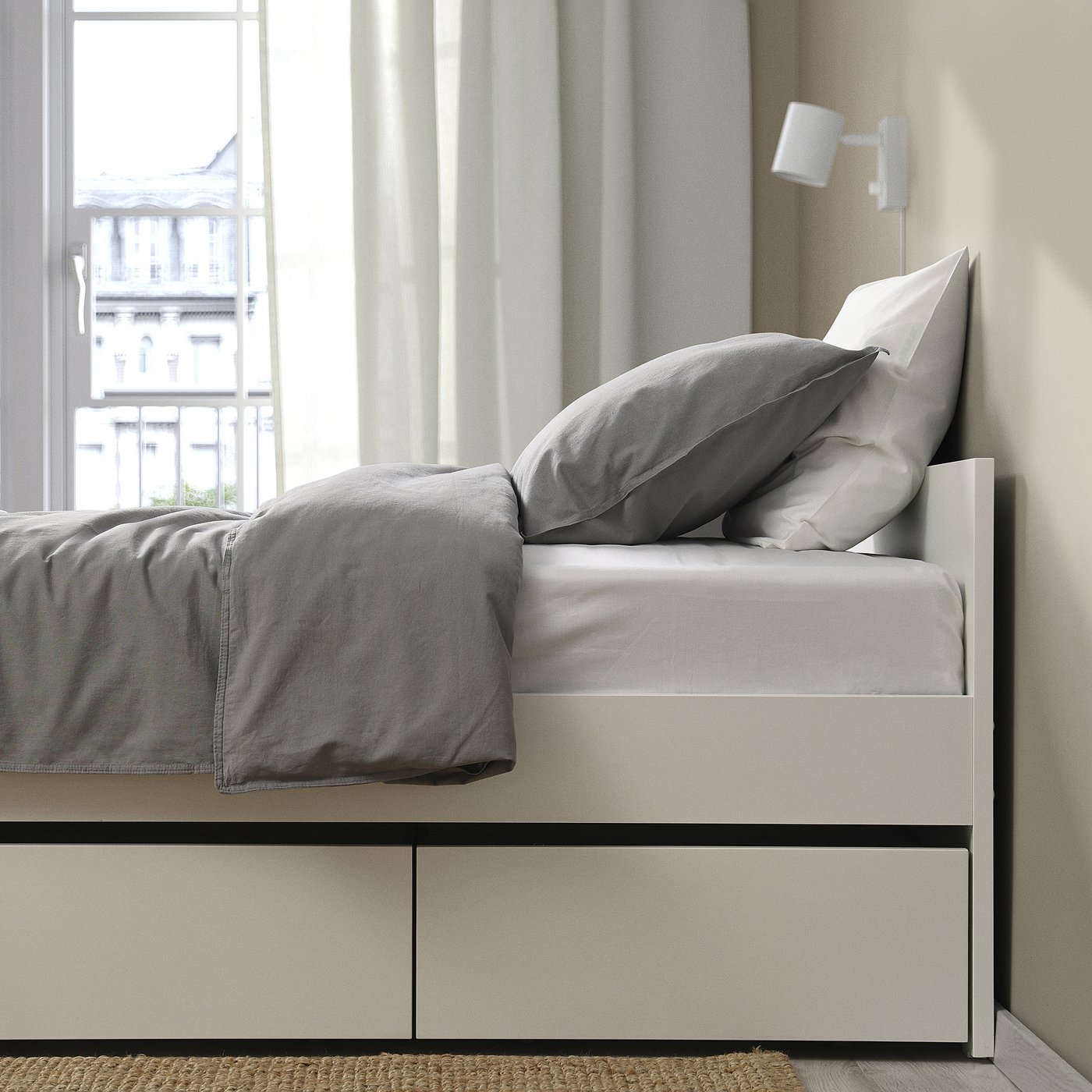 VIHALS bed frame with 2 storage boxes, white/Lillhällan, 200x90 cm