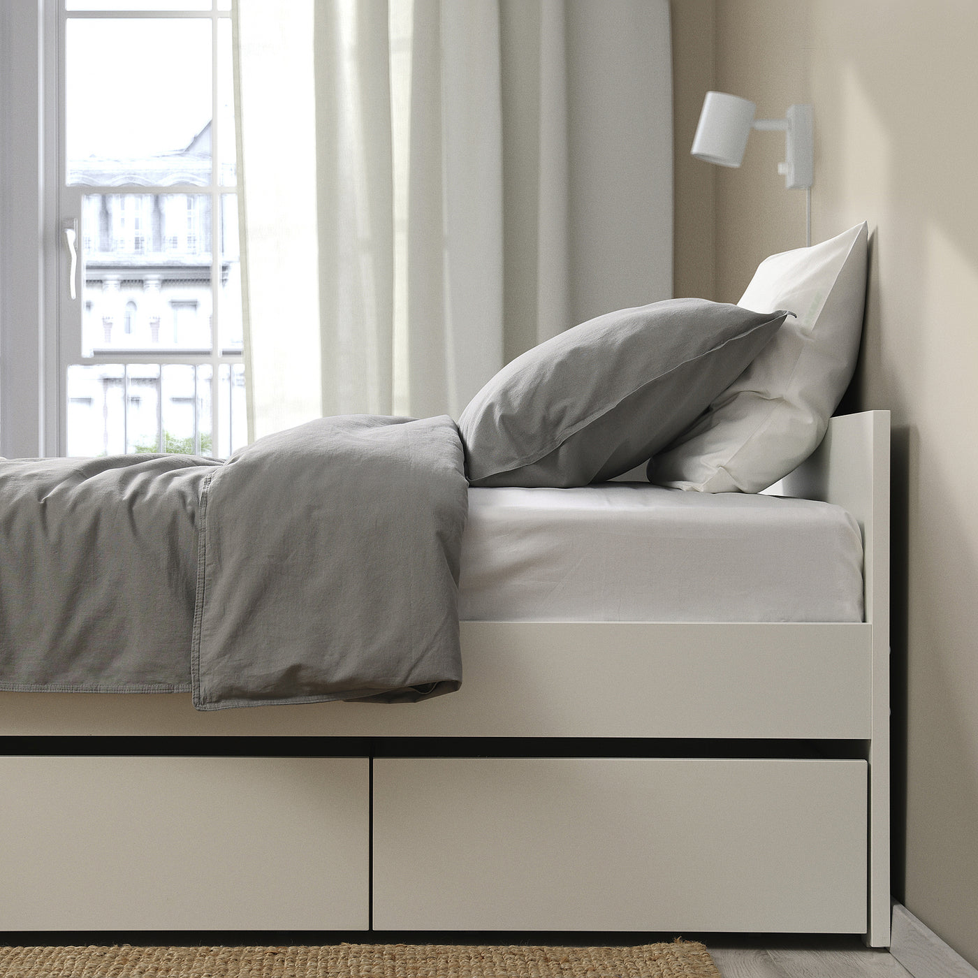 VIHALS bed frame with 2 storage boxes, white/Lindbåden, 90x200 cm