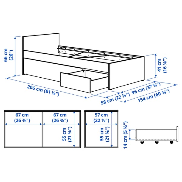 VIHALS - Bed frame with 2 containers, white/Luröy,90x200 cm