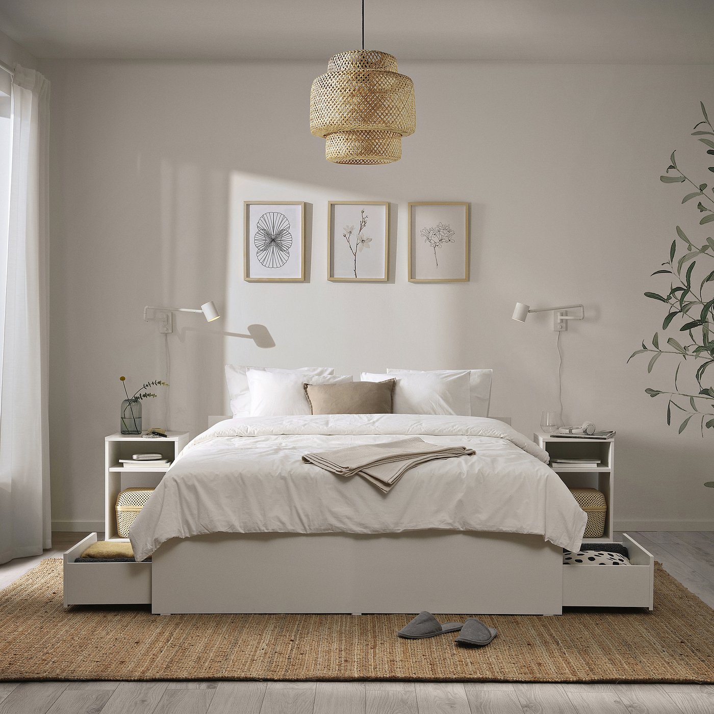 VIHALS bed frame with 4 storage boxes, white/Lillhällan, 200x140 cm