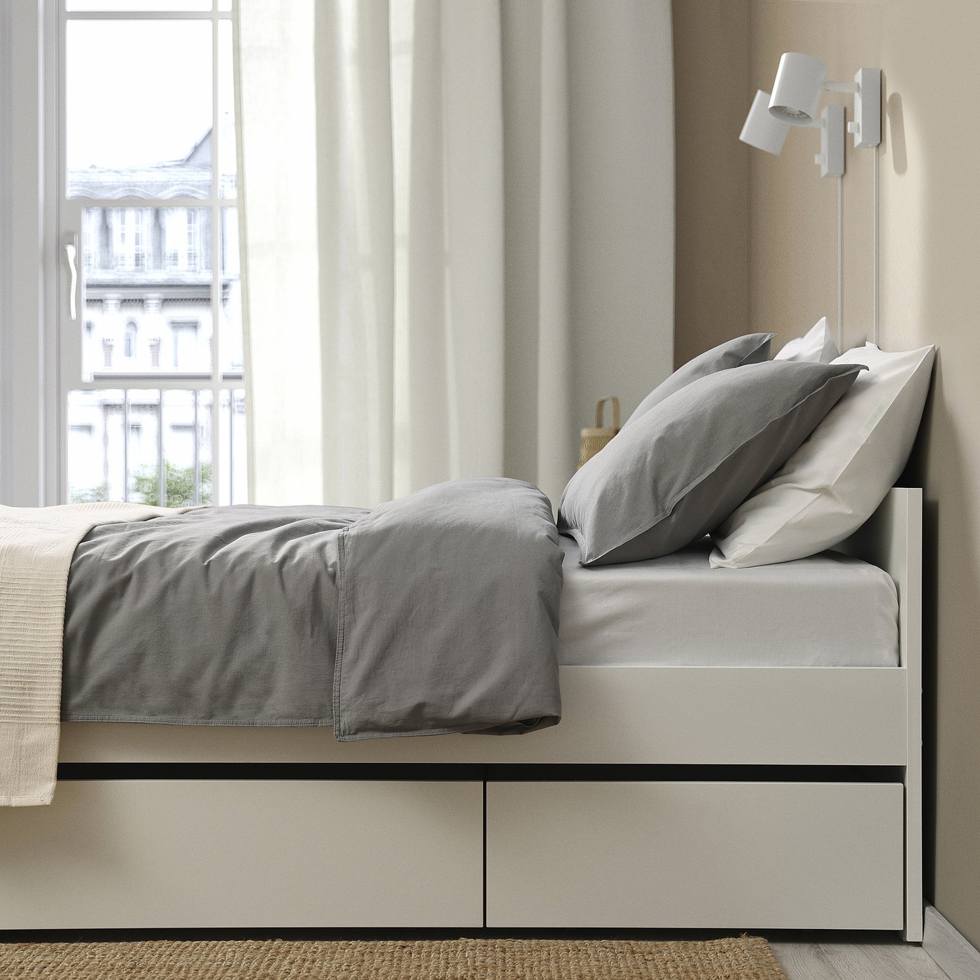 VIHALS bed frame with 4 storage boxes, white/Lillhällan, 200x140 cm