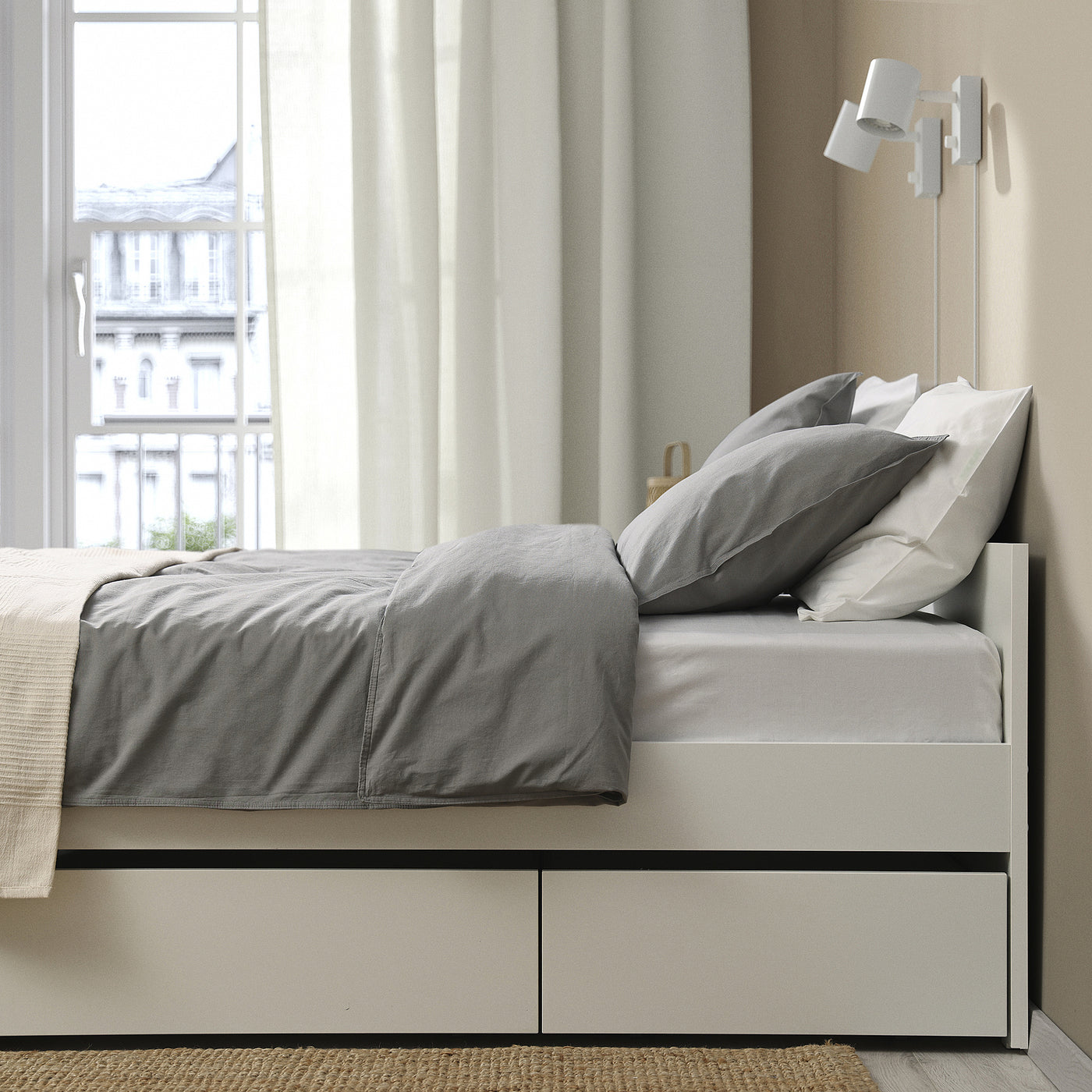 VIHALS bed frame with 4 storage boxes, white/Lindbåden, 160x200 cm