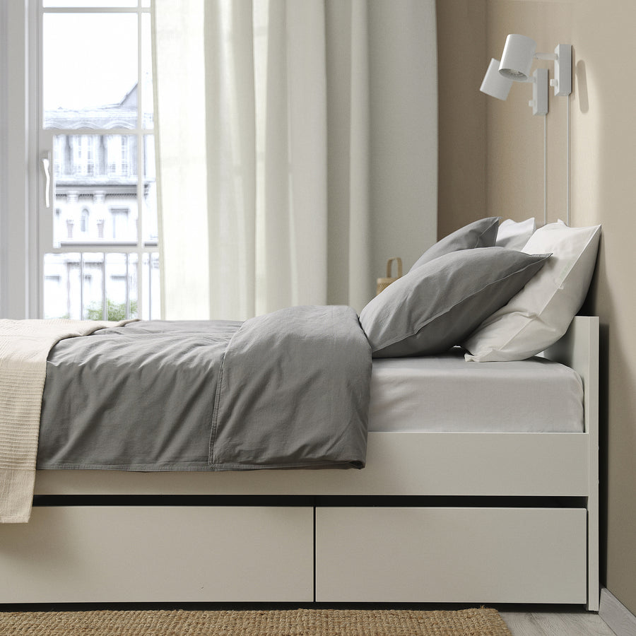 VIHALS bed frame with 4 storage boxes, white/Lindbåden, 160x200 cm