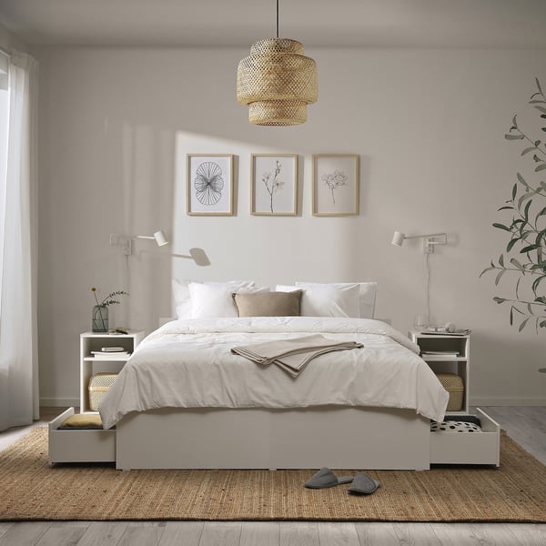 VIHALS bed frame with 4 storage boxes, white/Luröy, 140x200 cm