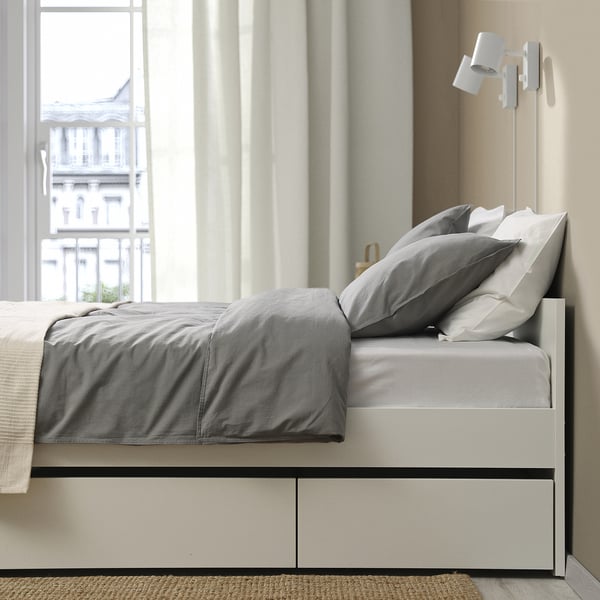 VIHALS bed frame with 4 storage boxes, white/Luröy, 160x200 cm