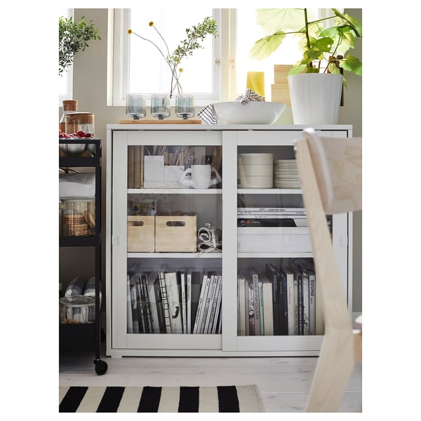 VIHALS cabinet with sliding glass doors, white, 95x37x90 cm