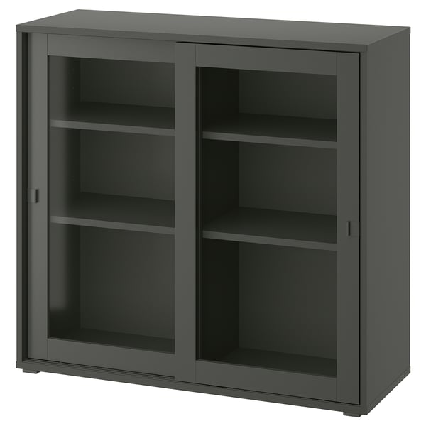 VIHALS - VIHALS Cabinet with sliding glass doors, dark grey, 95x37x90 cm