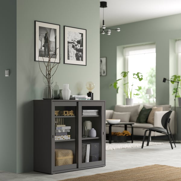 VIHALS - VIHALS Cabinet with sliding glass doors, dark grey, 95x37x90 cm