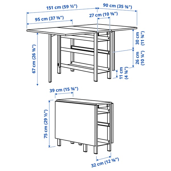 VIHALS / VIHALS table and 2 chairs, gateleg table white/white, 39/95/151x90 cm
