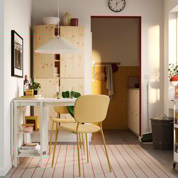 VIHALS / VIHALS table and 2 chairs, gateleg table white/yellow Tibbleby yellow, 39/95/151x90 cm