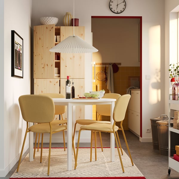 VIHALS / VIHALS table and 4 chairs, white white/yellow Tibbleby yellow, 107 cm