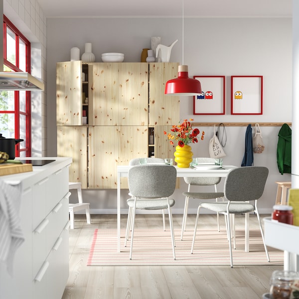 VIHALS / VIHALS table and 4 chairs, white/white Tibbleby beige-grey, 120/180x74 cm