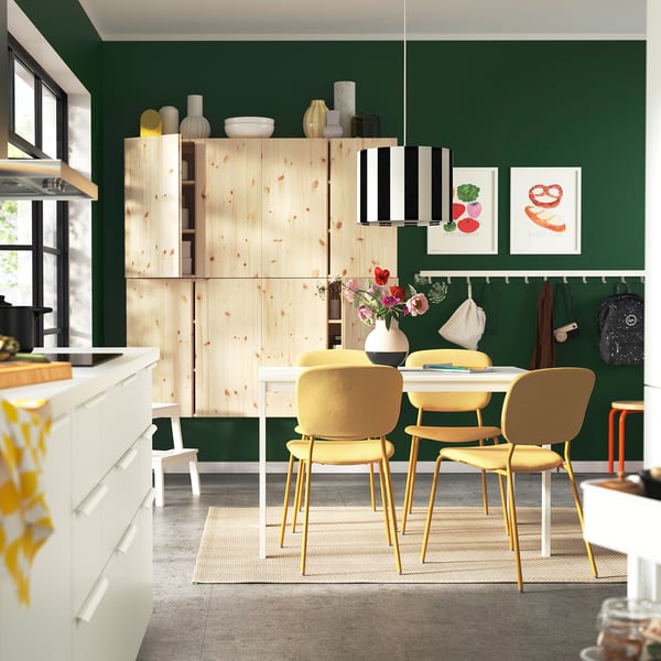 VIHALS / VIHALS table and 4 chairs, white/yellow Tibbleby yellow, 120/180x74 cm