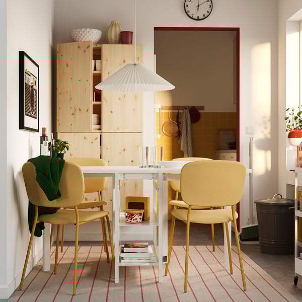 VIHALS / VIHALS table and 4 chairs, gateleg table white/yellow Tibbleby yellow, 39/95/151x90 cm