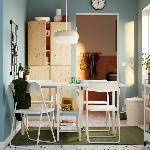 VIHALS / VIHALS table and 4 chairs, gateleg table white/folding white, 39/95/151x90 cm