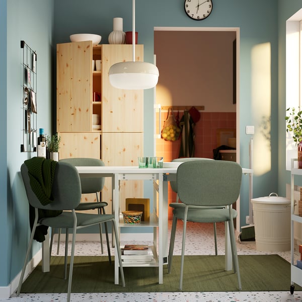 VIHALS / VIHALS table and 4 chairs, gateleg table white/green Tibbleby grey-green, 39/95/151x90 cm