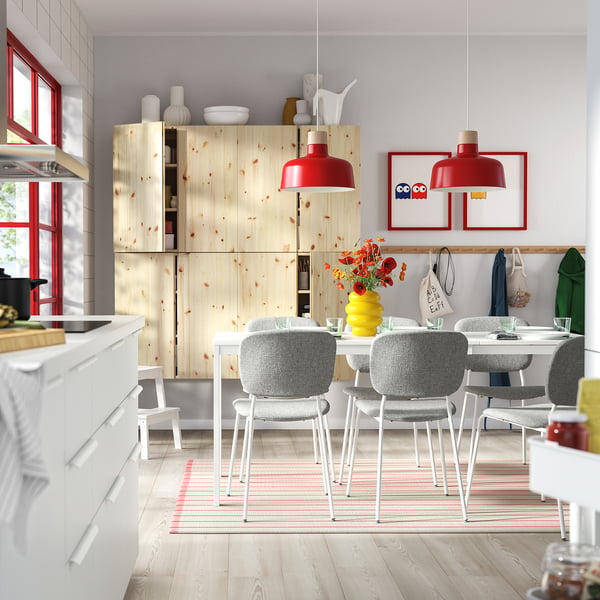 VIHALS / VIHALS table and 6 chairs, white/white Tibbleby beige-grey, 120/180x74 cm