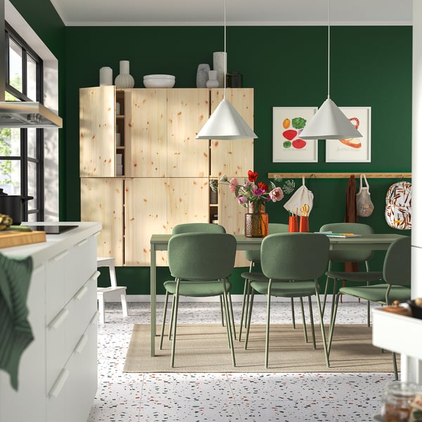 VIHALS / VIHALS - Table and 6 chairs, green/green Tibbleby gray-green,120/180x74 cm