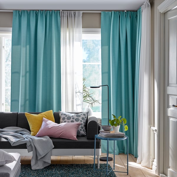 VILBORG Semi-dark curtains, 1 pair - white/turquoise 145x300 cm , 145x300 cm