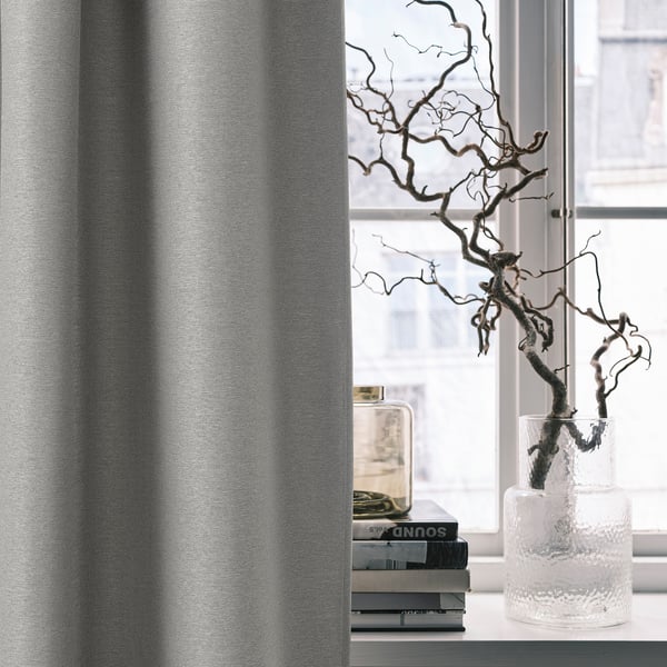 VILBORG room darkening curtains, 1 pair, grey/with heading tape, 145x300 cm