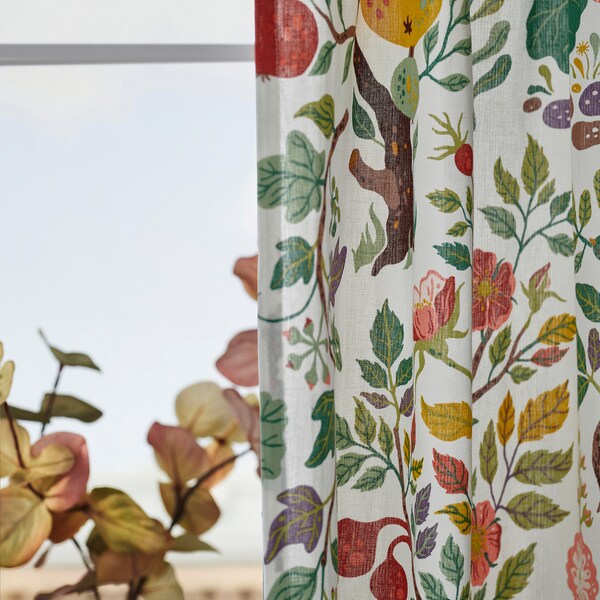 VILDPERSILJA curtains, 1 pair, white multicolour/floral pattern with heading tape, 145x300 cm