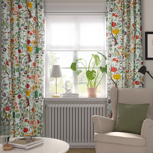 VILDPERSILJA curtains, 1 pair, white multicolour/floral pattern with heading tape, 145x300 cm