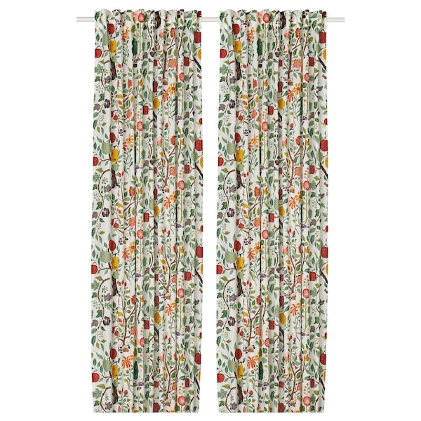 VILDPERSILJA curtains, 1 pair, white multicolour/floral pattern with heading tape, 145x300 cm