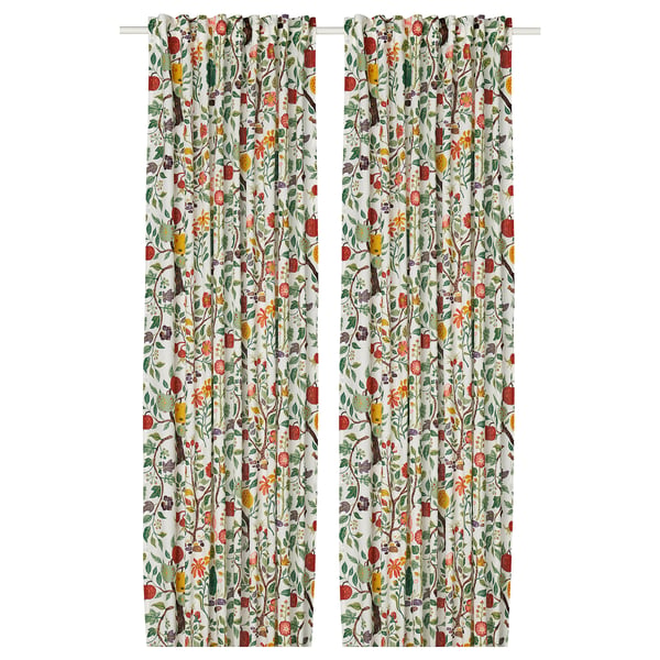 VILDPERSILJA curtains, 1 pair, white multicolour/floral pattern with heading tape, 145x300 cm