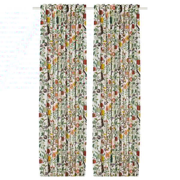 VILDPERSILJA curtains, 1 pair, white multicolour/floral pattern with heading tape, 145x300 cm