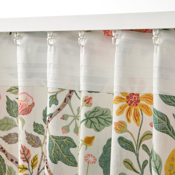 VILDPERSILJA curtains, 1 pair, white multicolour/floral pattern with heading tape, 145x300 cm