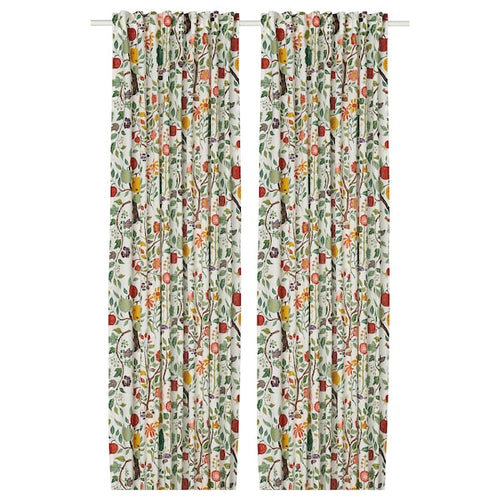 VILDPERSILJA - Curtain, 2 drapes, white fantasy/flower pattern,145x300 cm