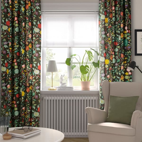 Ikea VILDPERSILJA - Curtain, 2 sheets, black-green patterned/floral motif,145x300 cm