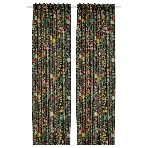 Ikea VILDPERSILJA - Curtain, 2 sheets, black-green patterned/floral motif,145x300 cm