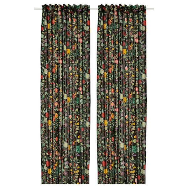 VILDPERSILJA curtains, 1 pair, black-green multicolour/floral pattern with heading tape, 145x300 cm