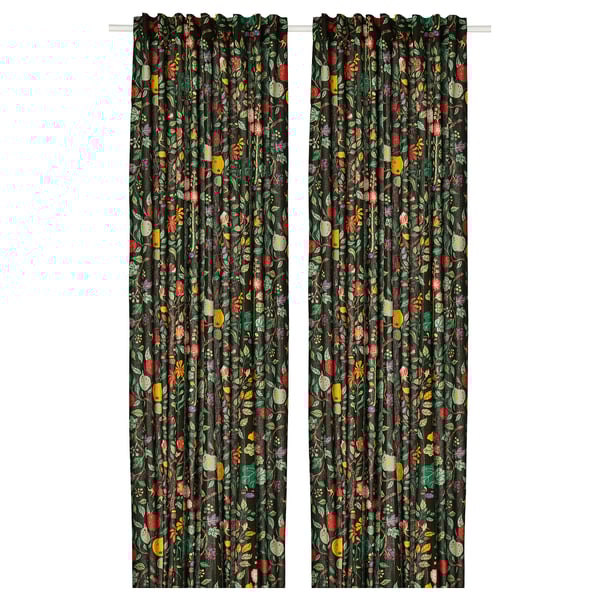 VILDPERSILJA - Curtain, 2 sheets, black-green patterned/floral motif,145x300 cm