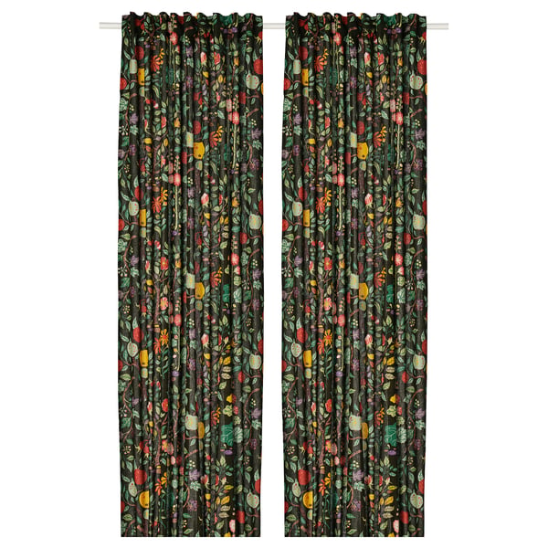 VILDPERSILJA curtains, 1 pair, black-green multicolour/floral pattern with heading tape, 145x300 cm