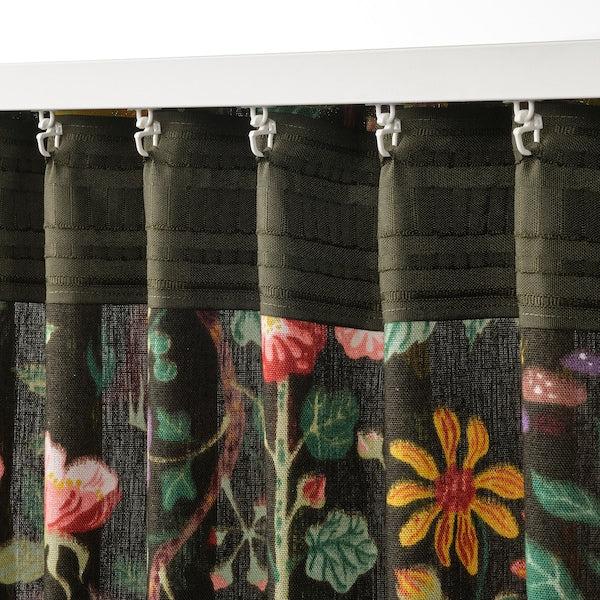 VILDPERSILJA curtains, 1 pair, black-green multicolour/floral pattern with heading tape, 145x300 cm