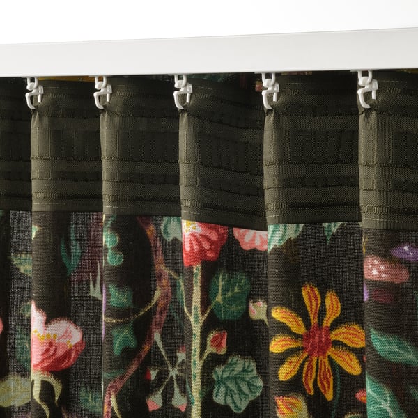 VILDPERSILJA curtains, 1 pair, black-green multicolour/floral pattern with heading tape, 145x300 cm