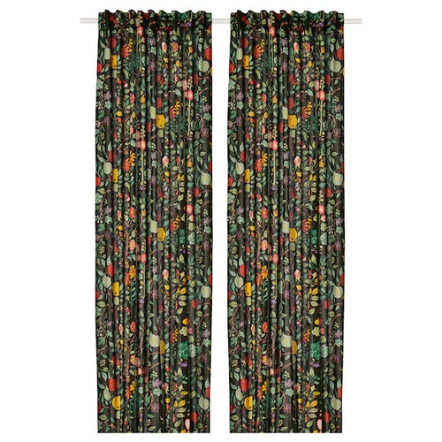 VILDPERSILJA - Curtain, 2 sheets, black-green patterned/floral motif,145x300 cm