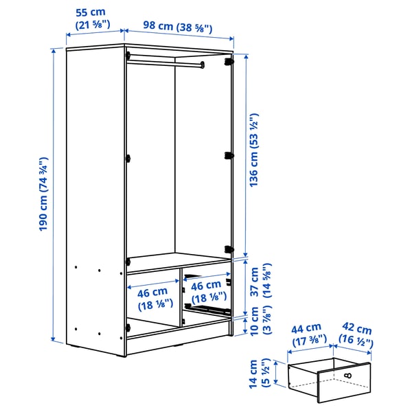 VILHATTEN wardrobe with 2 doors and 2 drawers, oak effect, 98x57x190 cm