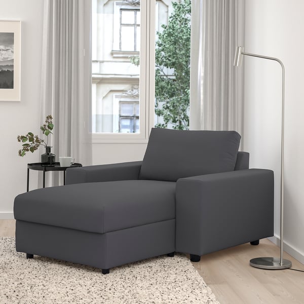 VIMLE chaise longue, with wide armrests/Hallarp grey, 125 cm