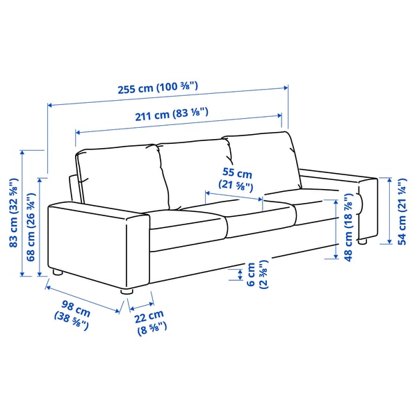VIMLE 3-seat sofa, with wide armrests/Lejde grey/black, 255 cm