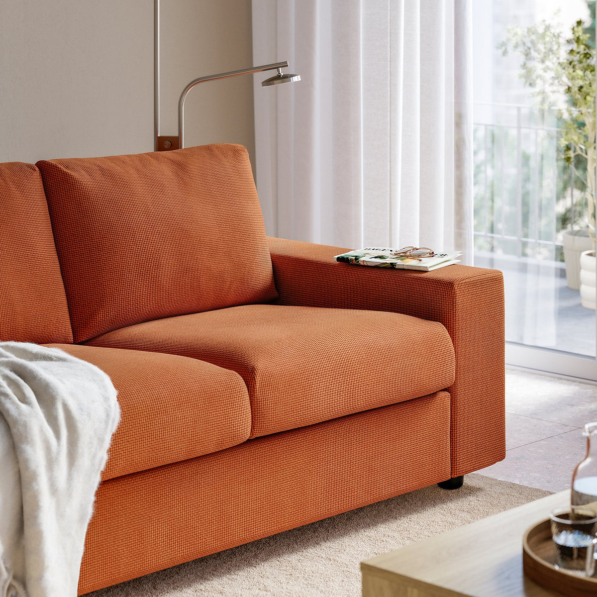 VIMLE 3-seat sofa, with wide armrests/Mosshed red-brown, 255 cm