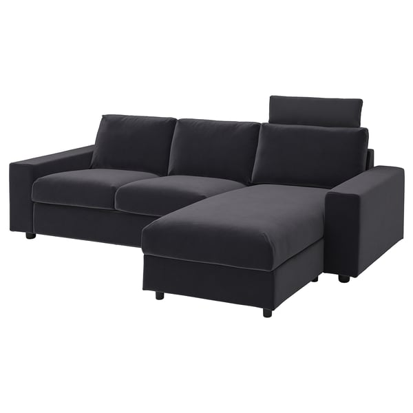 VIMLE 3-seat sofa with chaise longue, with wide armrests with headrest/Djuparp dark grey, 266 cm