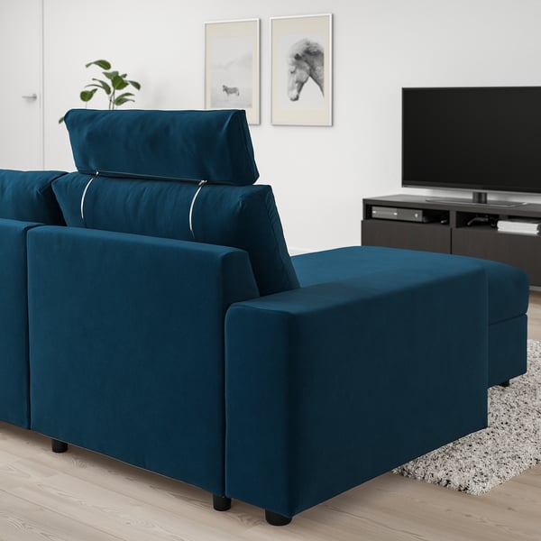 VIMLE 3-seat sofa with chaise longue, with wide armrests with headrest/Djuparp dark green-blue, 266 cm