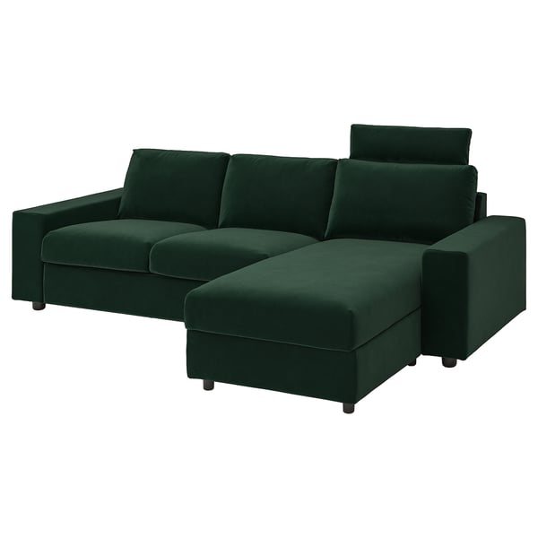 VIMLE 3-seat sofa with chaise longue, with wide armrests with headrest/Djuparp dark green, 266 cm