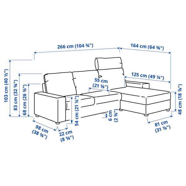 VIMLE 3-seat sofa with chaise longue, with wide armrests with headrest/Hallarp grey, 266 cm