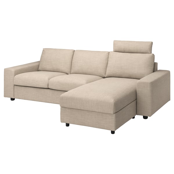 VIMLE 3-seat sofa with chaise longue, with wide armrests with headrest/Hillared beige, 266 cm