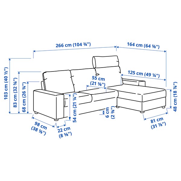 VIMLE - 3-seater sofa with chaise-longue, wide armrests with headrest/Hillared beige ,