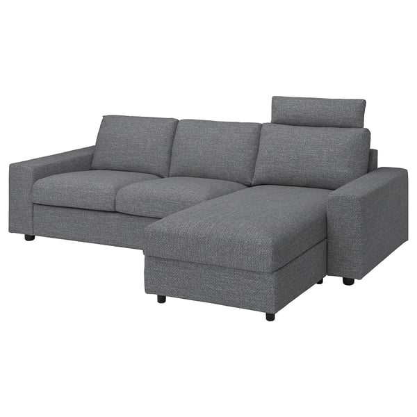 VIMLE 3-seat sofa with chaise longue, with wide armrests with headrest/Lejde grey/black, 266 cm